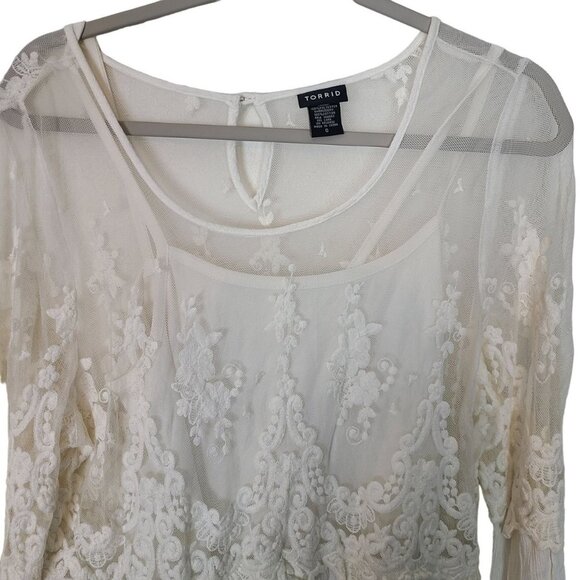 Torrid Womens 0X Off White Sheer Lace and Plisse Peplum Embroidered Floral Tunic - Picture 2 of 8